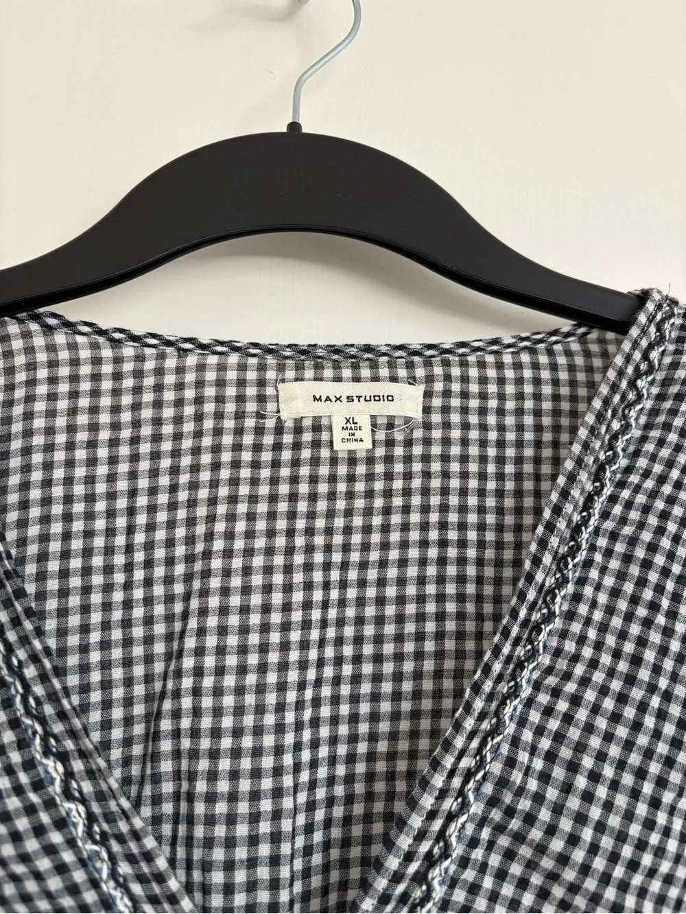 Max Studio Black White Gingham V-Neck Ruffle Sleeve Blouse